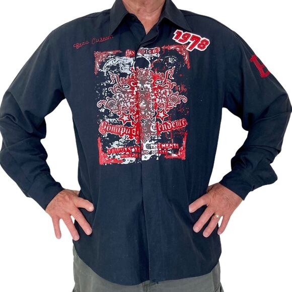 Etzo Other - Men’s black button down shirt size large red embroidered graphic long sleeve
